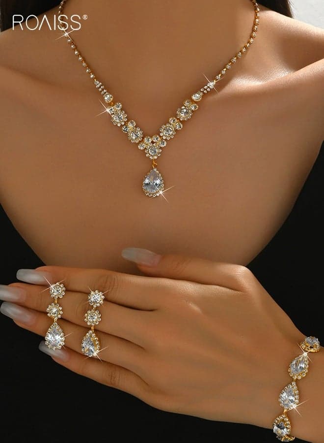 Gold Rhinestone Crystal Jewelry Set, Wedding Bridal Bridesmaids Teardrop Flower Necklace Earrings Bracelet Set for Women, Dainty Necklace Earrings Bracelet Earrings Set for Wedding Bridal Prom Pageant