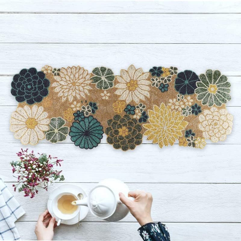 Mfumade for You Beautiful Beaded Table Runner Craftsmanship Measure 13 X 36 Inches Thanksgiving Occasional Decoration Beige Blue Colour