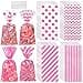 Aodaer 100 Pieces 106 x 51 In Pink Cellophane Bags Plastic Candy Bags Cellophane Treat Bag Polka Dot Stripes Printed Pattern Goodie Gift Bag with Twist Ties for Birthday Baby Showers Weddings Party Supplies