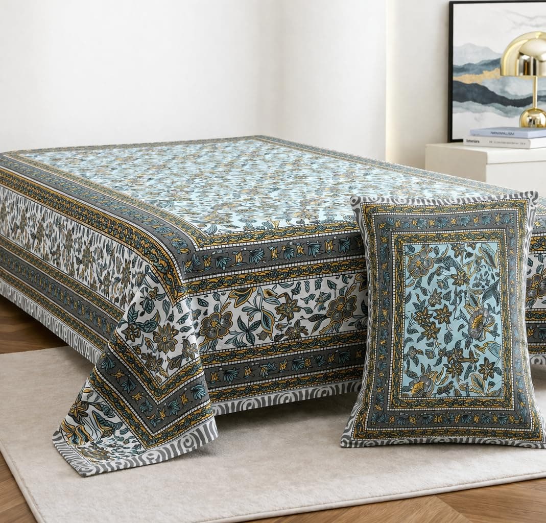 elanorhomes 240 TC Cotton Single Size Bedsheet | Hand Printed | Ultra-Soft & Skin-Safe | Breathable Summer Comfort | 60x90 inches with 1 Pillow Cover (Seashell)