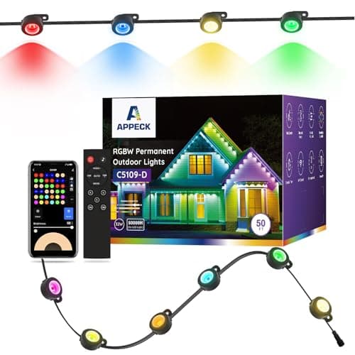 APPECK Permanent Outdoor Lights 50ft with 36 RGBW LEDs, DIY Scene Modes, LED Eaves Lights Waterproof with App Control, for Daily Holiday House Decorations, Voice/Remote Control, Black