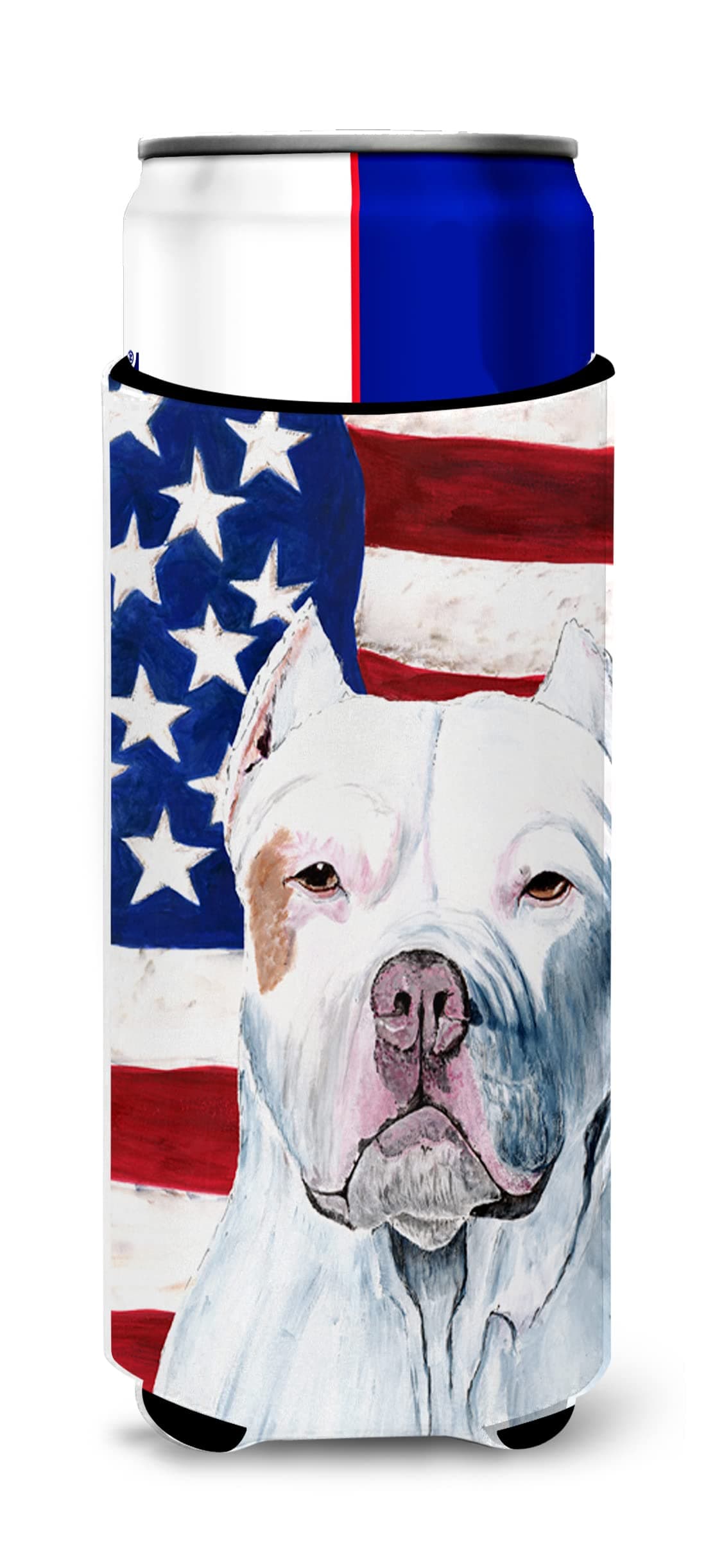 USA American Flag with Pit Bull Ultra Beverage Insulators for slim cans