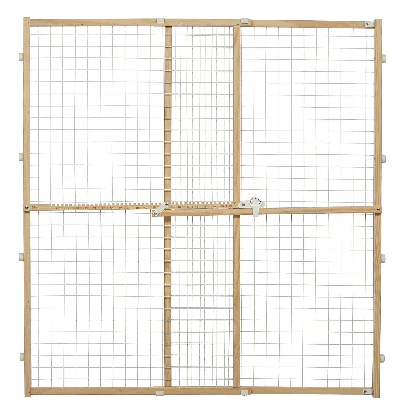 MidWest Homes for Pets Wire Mesh Pet Safety Gate Pressure Mounted Dog Gate Measures 44 Inches Tall Expands to 2950 Inches Wide Natural Wood White Powder Coated Wire Mesh