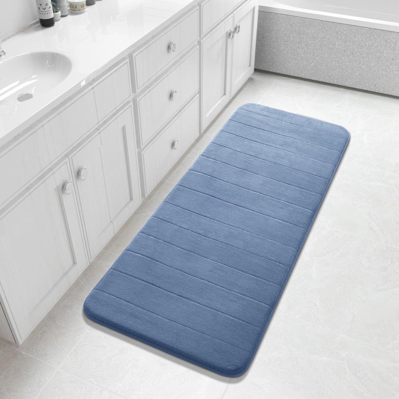 Yimobra Bathroom Runner 55x24 Non Slip Memory Foam Bath Mat Super Soft Water Absorbent Hallway Carpet Machine Washable Rug for Vanity Tub Shower Denim Blue