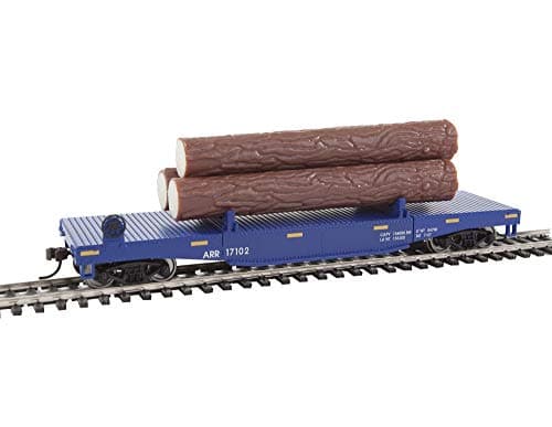 Walthers Trainline Log Dump Car with 3 LogsReady to RunAlaska Railroad 17102 Blue Yellow Conspicuity Marks 9311770 HO Scale Model Railroad Freight Model