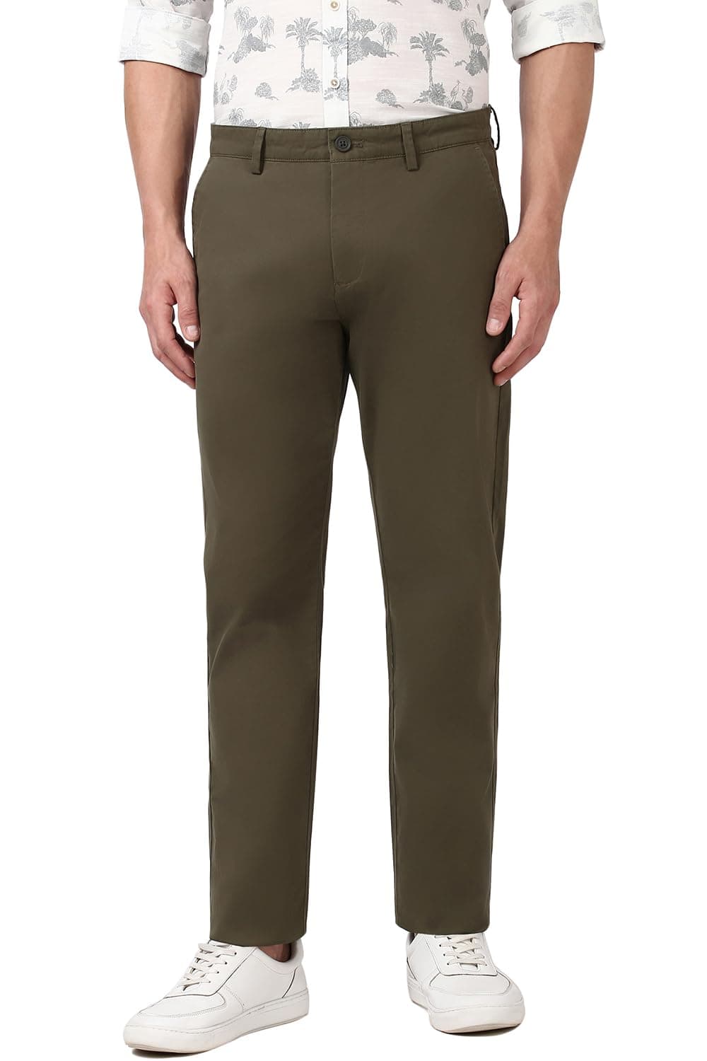 Peter England Men Olive Solid Slim Fit Trousers