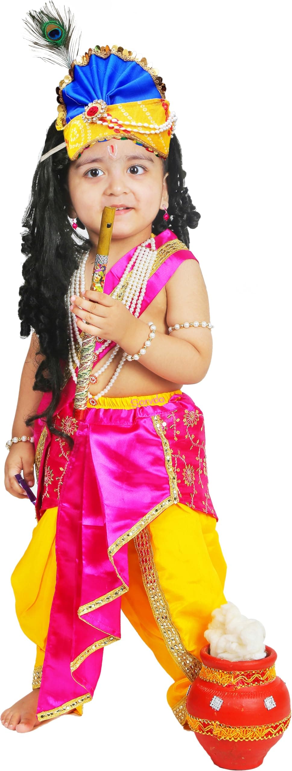 Sarvda Brocade Shree Krishna Dress For Kids For Baby Boy Radha Dress For Girls With Accessories Dhoti, Dupatta, Mukut Flute Complete Set, Multicolor