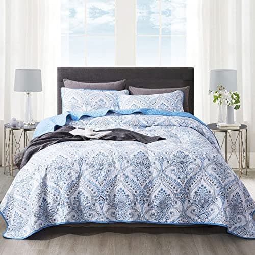 NEWLAKE Cotton Bedspread Quilt Sets - Reversible Patchwork Coverlet Set, Blue Classic Royal Pattern, California King Size