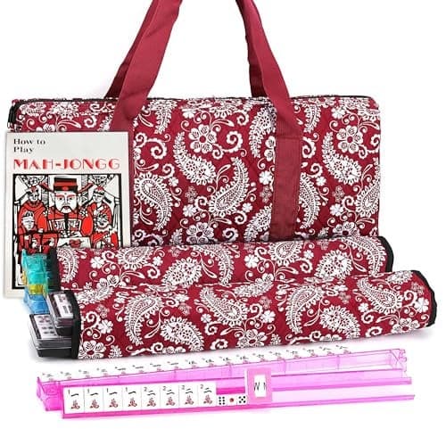Mose Cafolo American Mahjong Game Set Red Paisley Carrying Bag166 Premium White Tiles AllinOne Color RackPushers ChipsWind Indicator English ManualComplete Mah jongg Mahjong Tiles Set