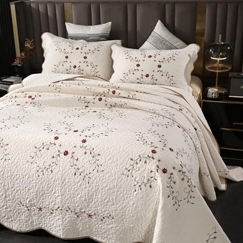 Quilt Set Floral Leaves 3D Embroidery Pattern 3 PCS Cotton Reversible Quilted Embroidered Decorative Bedspreads Coverlet Set, Lightweight &Soft Queen Size Beige Bedding Coverlet for All Season