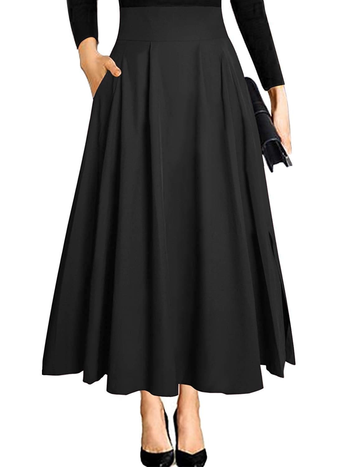 Long Skirts for Women Summer Black Maxi A Line Flowy Ladies Flattering Tummy Control High Waist Skirt with Slit Below Knee Length XL