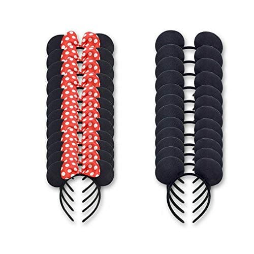 winvin Set of 24 Mouse Costume Deluxe Fabric Ears Headband White Polka Dots Bow Birthday Party Hairs Accessories Headwear Halloween Party Favors Decorations Black Red