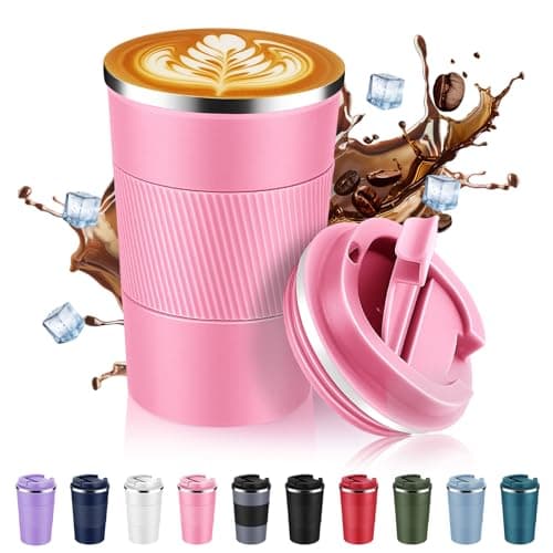Volhoply 13 oz Stainless Steel Insulated Travel Coffee Mug with Fip LidReusable Double Wall Vacuum Metal Coffee CupPortable to Go Leak Proof Cafe Thermal Tumbler for Hot Cold DrinksPink1