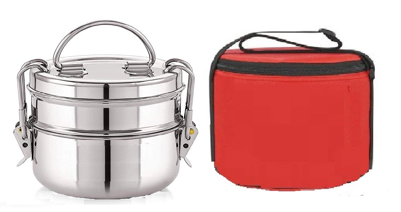 FUTENSILS Manav Stainless Steel Tiffin Box and Hot Puff Bag, Capacity-1120 ml(7X2), Dia-4.5, Leakproof, Heat Resistance. Office Pack