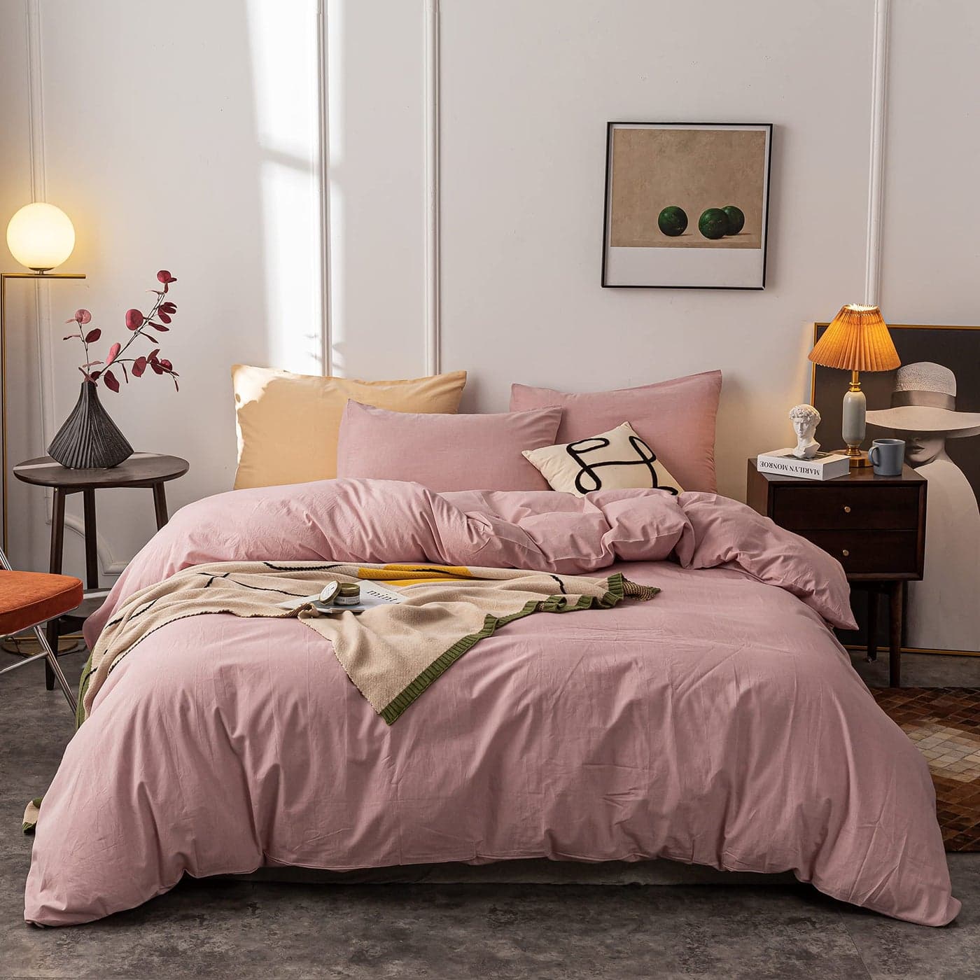 Janlive Washed Cotton Duvet Cover King Ultra Soft 100 Cotton Solid Color Dusty Pink Duvet Cover Set with Zipper Closure 3 Pieces Pink King