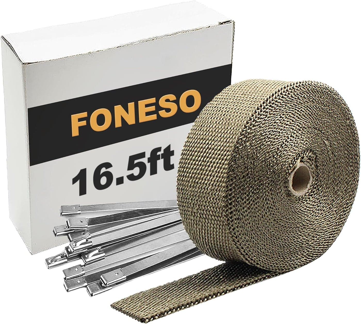 Foneso Exhaust Heat Wrap 2in x 165ft Titanium Exhaust Muffler Tape Fiberglass Heat Shield Header Wrap for Car Motorcycle Pipes with 10 Pcs Stainless Steel Ties