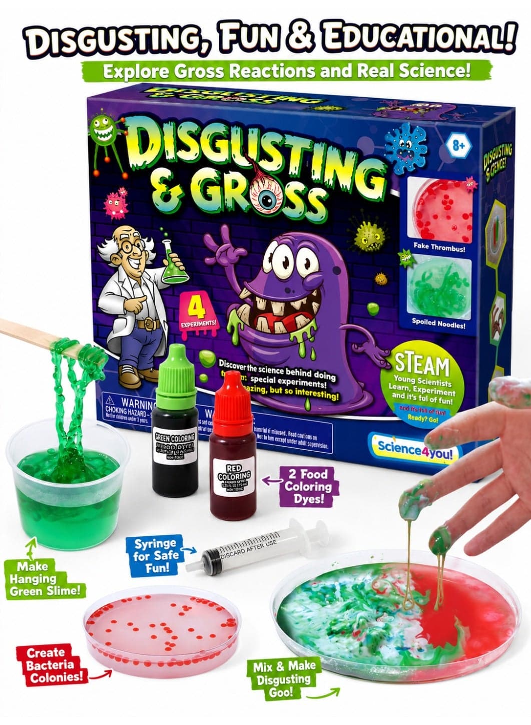Disgusting & Gross STEAM Science Kit for Kids, 4 Fun Yucky Experiments Educational Toy for Boys & Girls Ages 8+