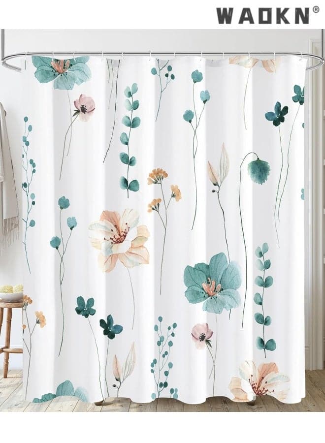 Watercolor Floral Shower Curtain, sage blue Beige Flower Shower Curtain for Bathroom, Modern Minimalist White Waterproof Fabric Shower Curtain Set ,180*180cm, toilet partition curtain , easy to clean , blue.