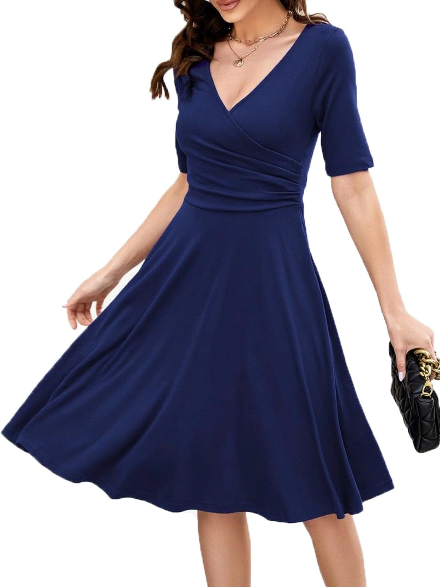oxiuly Womens Elegant CrissCross Necklines VNeck Half Sleeve Floral Casual Work Party Stretch Swing ALine Tea Dress OX233 S Nave Blue S5