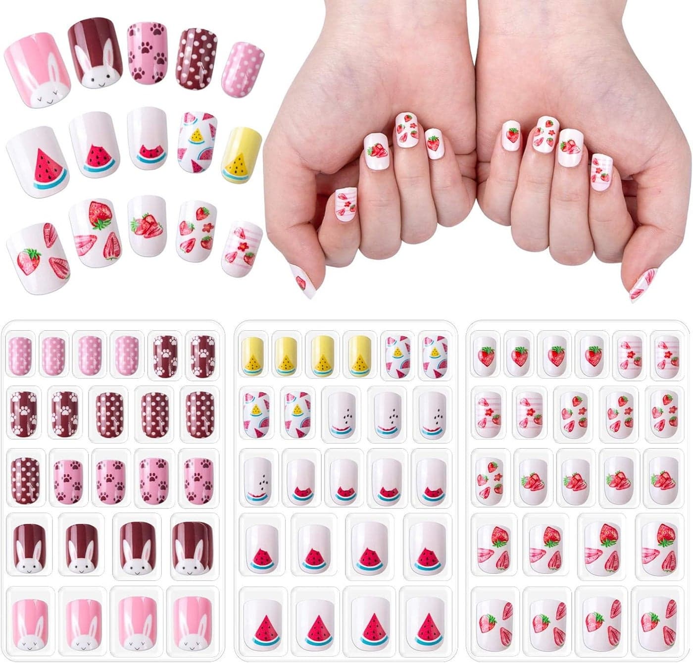 72pcs Kids Fake Nails Children Press on Full Cover False Nails Tips Pre Glued Artificial Cute Short Nails Art Kits for Girls Nail Decoration Gift