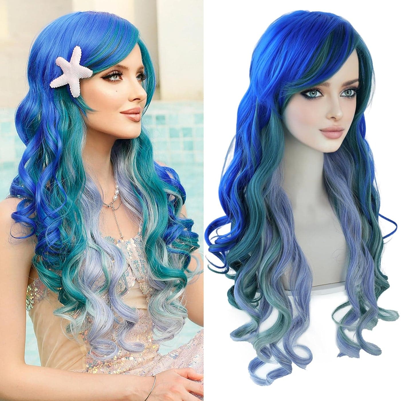 7JHH WIGS Long Wavy Costume Wigs Cosplay Mermaid wig for Women Halloween Party Used High Temperature Heat Resistant Fiber Natural Hairline Cos I Love Lucy Wig 28in Blue Purple Mermaid Ombre Wig