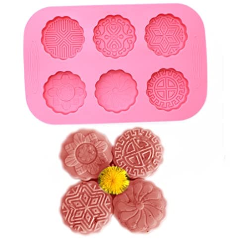 XHaibei 6Cavity Round Silicone Mold for Mooncake Chocolate Soap Lotion Bars 2oz Per Cell Flexible Mold with Intricate Pattern Fits 2oz Tins Perfectly