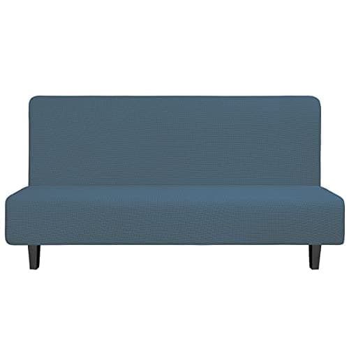 Easy-Going Stretch Futon Slipcover Armless Futon Bed Cover Furniture Protector Without Armrests with Elastic Bottom for Kids, Soft Jacquard Fabric Small Checks (Large, Bluestone)