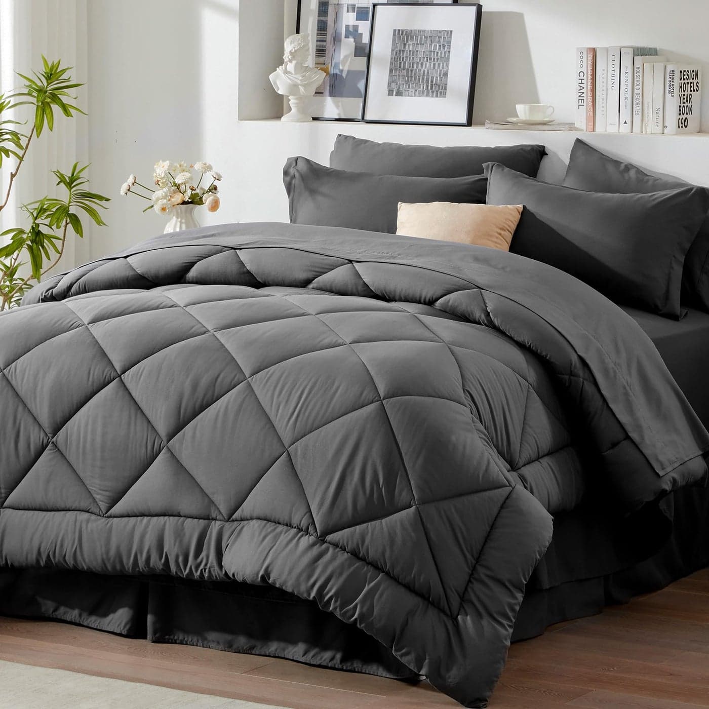 Newspin King Bed in a Bag 8 Pieces Comforter Set Dark Grey All Season Bed Set King Bedding Sets with Comforter and Sheets Pillow Shams Flat Sheet Fitted Sheet Pillowcases and Bed Skirt