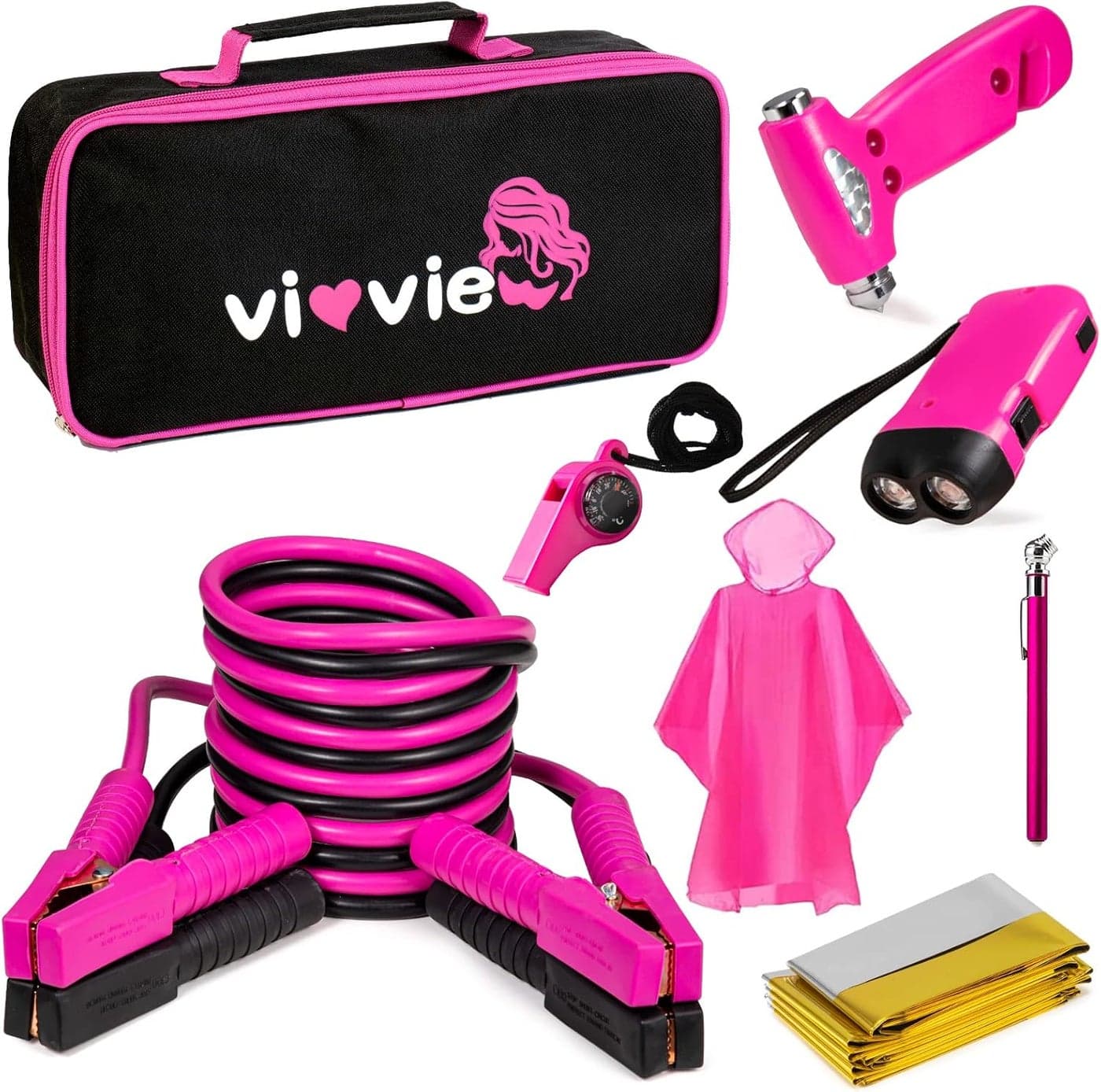 vioview Roadside Emergency Car Kit with Jumper Cables and Safety Hammer - Pink Car Accessories for Women