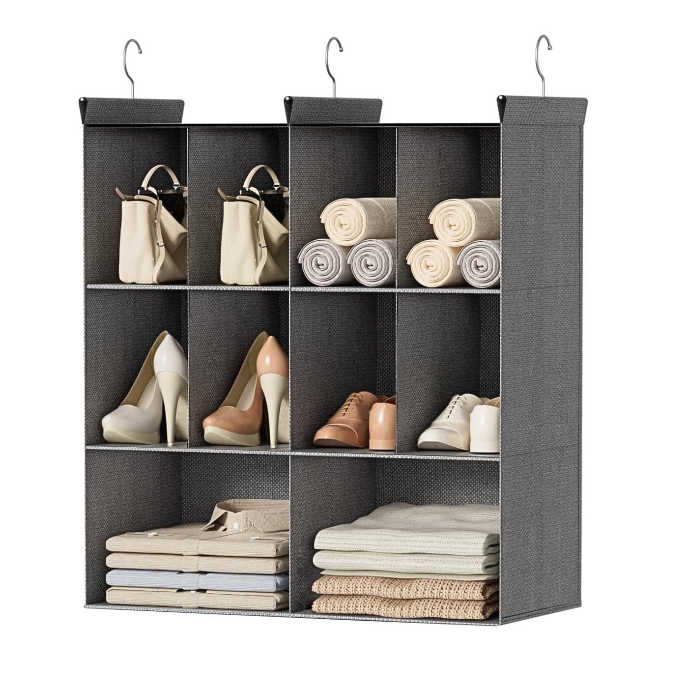 Ofirayhome 3 Tier Hanging Closet Organizer 10 Compartments Sweater Organizer for Closet with 3 Sturdy Hooks Closet Organizers and Storage Wardrobe Rv Garment Rack Grey