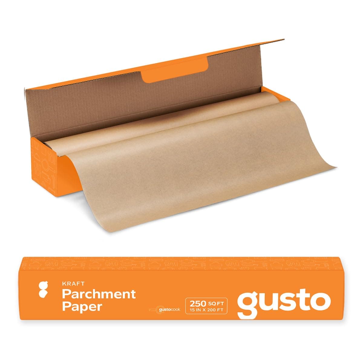GUSTO 15 in x 200 ft 250 SqFt Kraft Parchment Paper for Baking NonStick Baking Paper Parchment Paper Roll With Cutter for Air Fryer Baking Cooking Formery Comfy Package