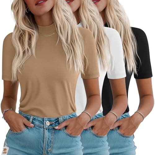 Ficerd 3 Pack Women's 1/2 Sleeve Mock Turtleneck Shirts, Elbow Length Shirt Half Sleeve Tunic Top Casual Summer Basic Tees(Black, White, Khaki,Small)