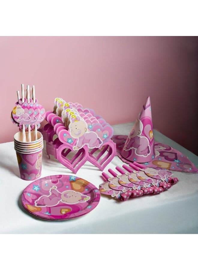 TOY GARDEN Baby Girl Birthday Party Supplies Set for 6 Kids – Pink Theme Party Decorations Kit with Plates, Cups, Caps, Straws, Whistles & Masks