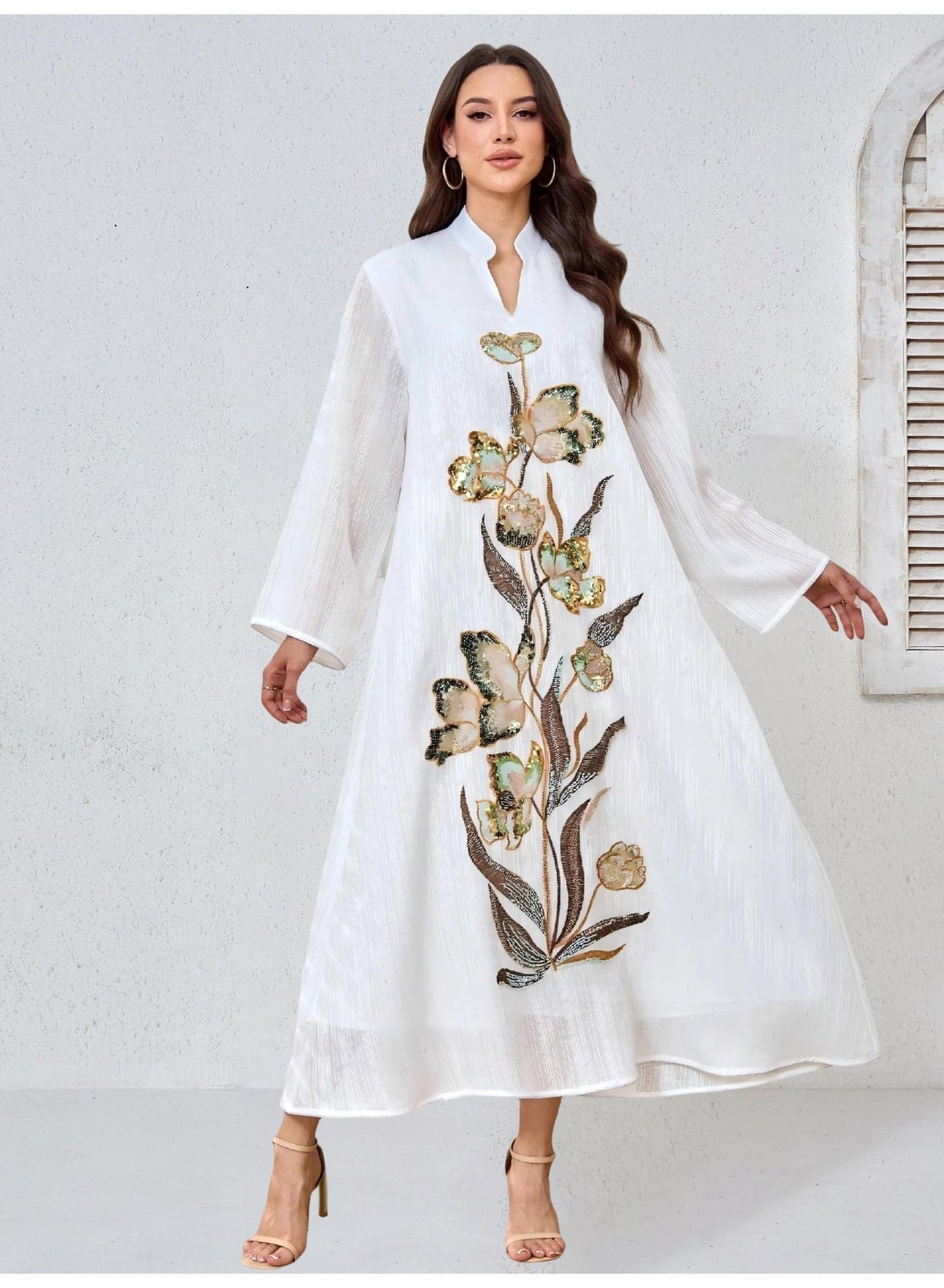 Women's White Jalabiya Gold Sequin Floral Stand Collar V-Neck Polyester Opaque Daily Eid Ramadan S-XL