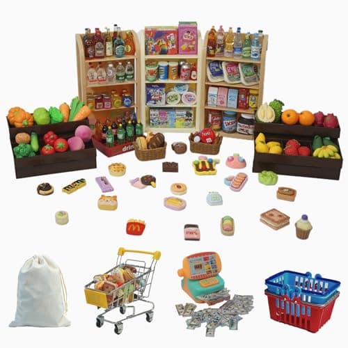 180Pcs Mini Shopping Cart Playset Pretend Grocery Dollhouse Accessories Toys with Miniature Cash Register 2 FruitVeggie Stands 3 Shelves 100 Play Food Educational Role Play Toys for Toddlers