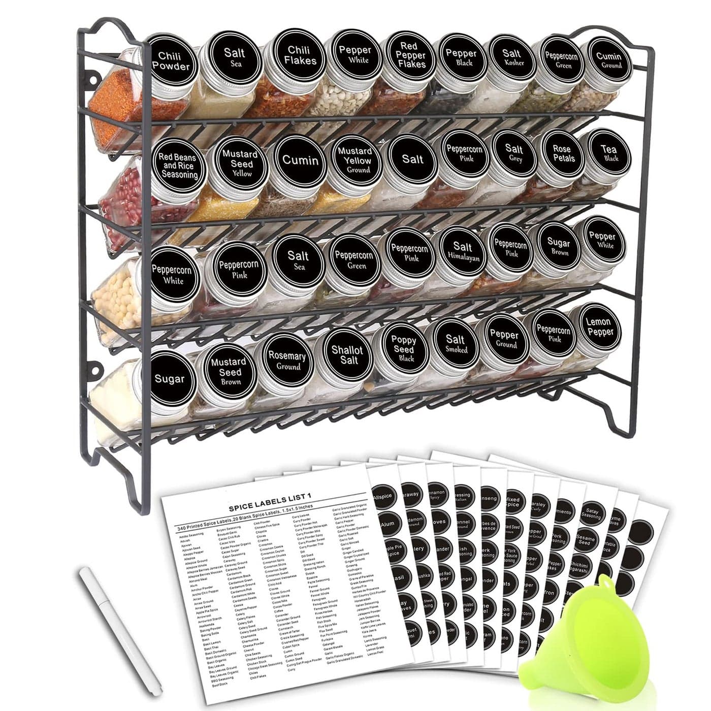 SWOMMOLY Spice Rack Organizer with 36 Empty Square Spice Jars 396 Spice Labels with Chalk Marker and Funnel Complete Set for Countertop Cabinet or Wall Mount Black