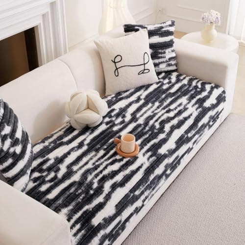 HOMETHREADS 600GSM Thick & Soft Rabbit Fur Plush Sofa Cover–Luxurious Cozy Slipcover, Washable & Pet-Friendly, Anti-Scratch Protector for Sofas (Faux_Linning_White_Black, 3 Seater | 180x70cm)