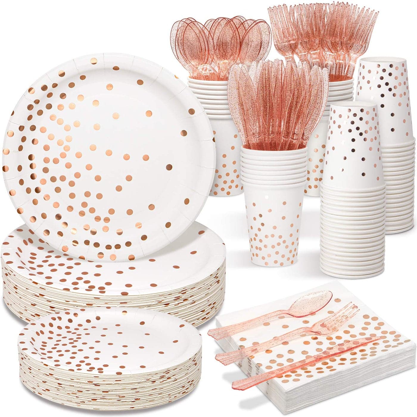 White Rose Gold Party Supplies 350 PCS Disposable Dinnerware Set with Paper Plates Napkins Cups Plastic Forks Knives Spoon for Women Girls Birthday Graduation Bridal Shower Engagement Wedding