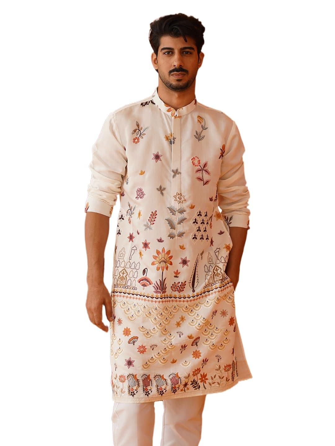 Jompers White Floral Embroidered and Sequins Kurta Set (White, XL)