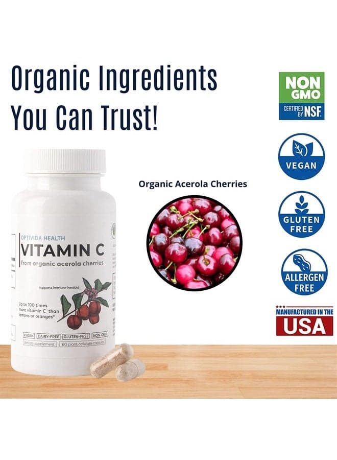 Vitamin C with Organic Acerola Cherry Extract - Vegan Supplement - Immune Support & System Booster, Healthy Skin & Joints Antioxidant