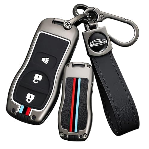 Ysbxitu 3 Buttons Metal Remote Key Fob Cover Fit for Nissan Keyless Smart Key Case with Keychain Fit for Nissan Xterra Titan Armada Frontier Quest Sentra Key Protection Cover -Long Chain Black