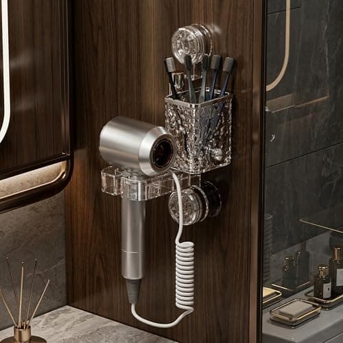 LINEAR Bathroom Organiser | Wall Mount Toothbrush and Hair Dryer Holder | Clear Plastic | Self-Adhesive | 18.5 x 21 x 8 cm