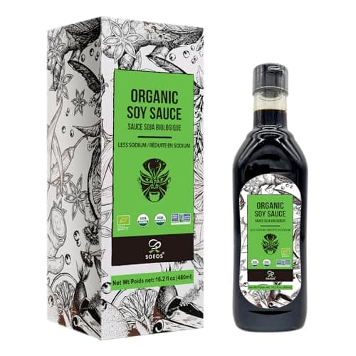 Soeos Organic Low Sodium Soy Sauce 16.2oz (480ml), USDA Organic, Naturally Brewed Soy Sauce, Soy Sauce Organic, Dark Soy Sauce, Pure Ingredients, Marinade for Meat & Vegetables., Black