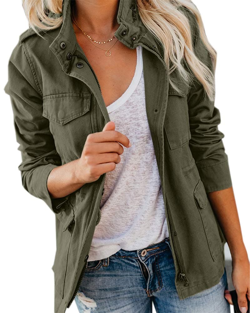 Soulomelody Womens Military Anorak Jacket Zip Up Snap Button Parka Safari Utility Coat Outwear with Pockets XSmall