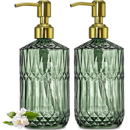 JASAI 2Pack 18Oz Green Glass Soap Dispenser with Gold Rust Proof Pump, Refillable Dish Soap Dispenser for Kitchen, Bathroom Soap Dispenser for Hand soap, Lotion, Body Wash, Dish Soap.