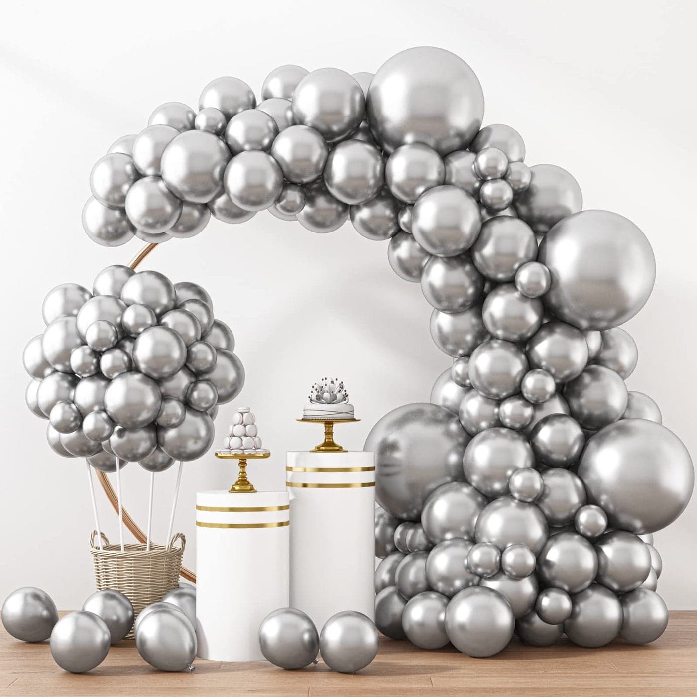 RUBFAC 129pcs Metallic Silver Balloons Different Sizes 18 12 10 5 Inches, Latex Balloon Garland Arch Kit for Birthday Party Graduation Wedding Holiday Decoration