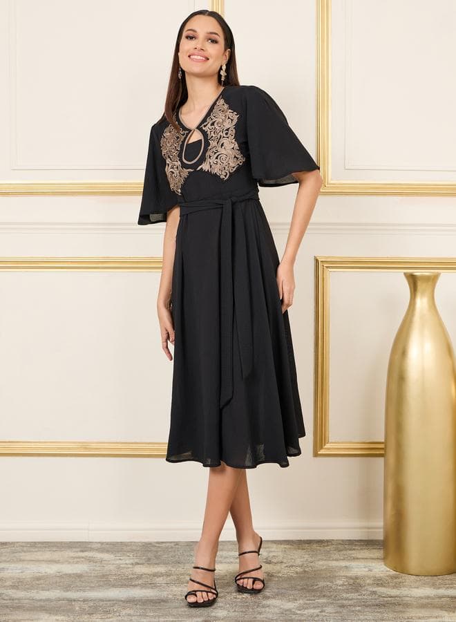 Embroidered Keyhole Neck A-Line Midi Dress