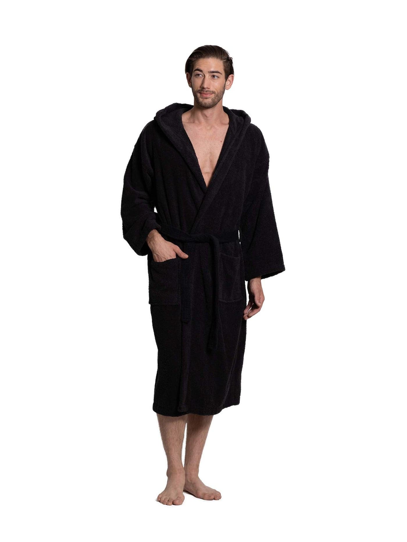 Turkuoise Men's Turkish Terry Cloth Robe, Thick Hooded Bathrobe Black, Large