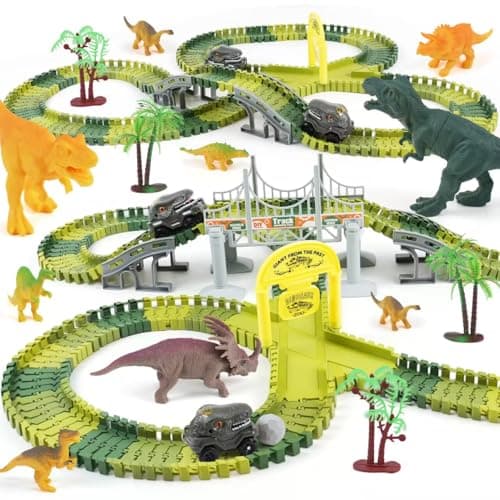 MagicKidz Dinosaur Race Track Toys for Kids Best Birthday Gift for Boys 3 4 5 6 7 Years Old 255 PCS Flexible Racing Set with Wide Track Create A Dinosaur World Road Race