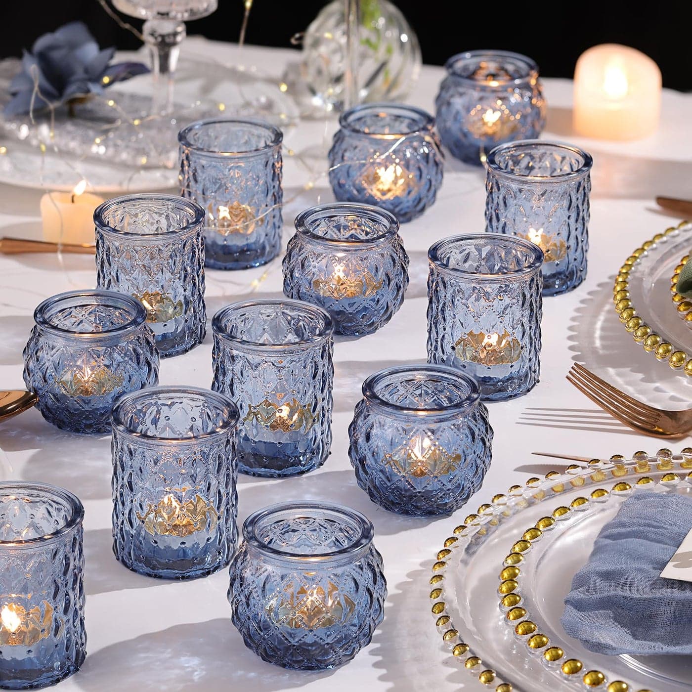 NITIME 36pcs Assorted Blue Votive Candle Holders Blue Candle Holders for Wedding Table Decor Tea Lights Candle Holder for Table Centerpiece Bridal Shower Baby Shower Decorations